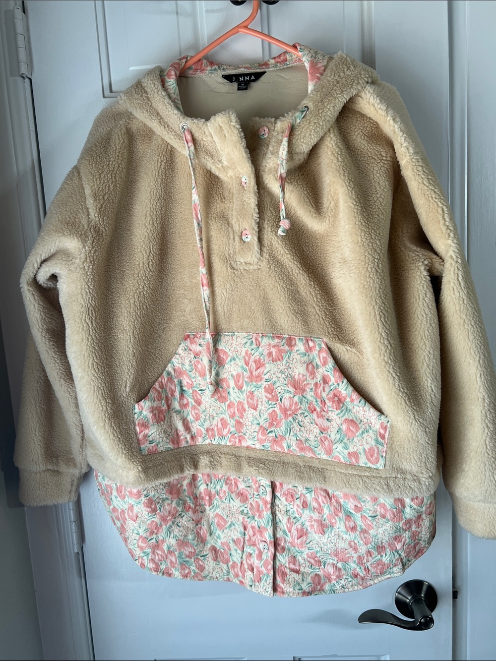 Womans Cream Sherpa Hoodie with Pink Floral Trim